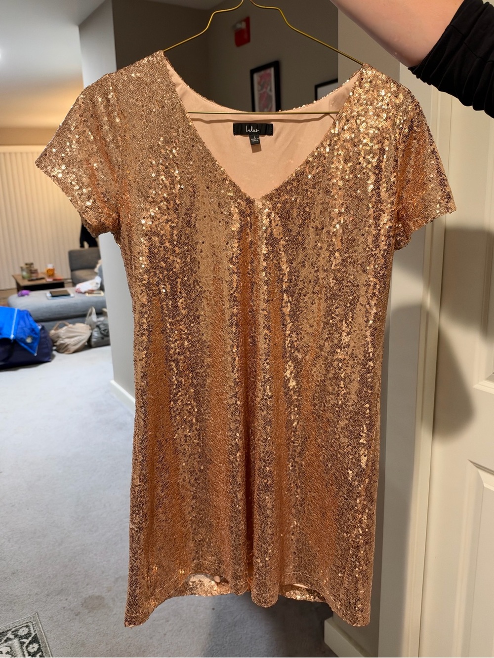 Lulu's Rose Gold Sequin V-Neck Mini Dress